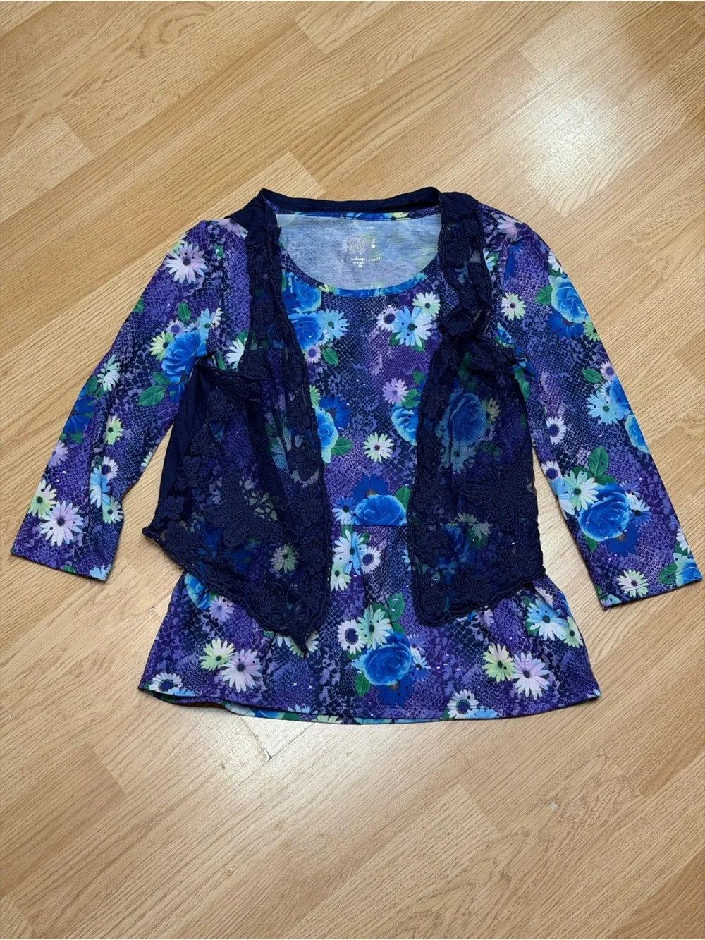 Justice Girls Size 16 Purple Blue Floral Lace Vest Layered Tunic Top 3/4 Sleeve
